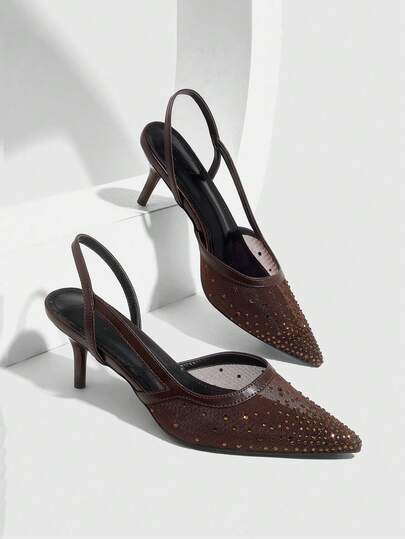 CUCCOO SZL Women's Fashion Mesh Hot Crystal Diamond Pointed Heel Medium High Heel Cat's Eye Doudou Heel Empty Shoes Spring Shoes