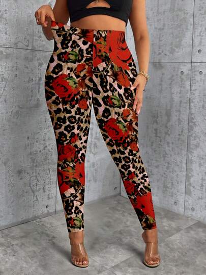 SHEIN LUNE Leggings casuales cómodos y ajustados con estampado para mujer de talla grande