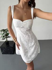 Aloruh 女士碎花针织连衣裙，婚礼宾客连衣裙，节日连衣裙，毕业典礼连衣裙，约会派对连衣裙，纯色白色露背迷你伞裙，修身连衣裙，短款连衣裙，派对连衣裙，女士毕业典礼连衣裙，教师套装，教师半身裙 - 白色 - 查看 5