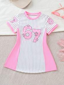 SHEIN Summer Cute Baby Girl Sports Dress,Pink And White Striped Chic Numeric 67 Star Pattern T-Shirt Dress,Daily Casual Carrer Day Outfit For Girls - Pink - View 10