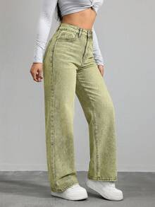 SHEIN ICON Quần jean denim nữ tối giản, bạc màu, thích hợp mặc hàng ngày. - màu xanh lá - Xem 3