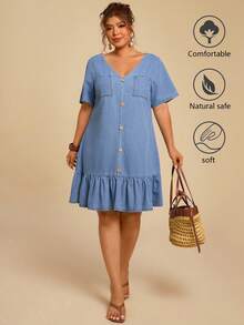 Travachic Vestido de mezclilla informal con volantes en el bajo para tallas grandes - Azul lavado medio - Ver 3