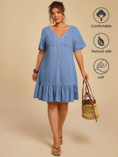 Travachic Plus-Size Light Blue Denim Dress, V-Neck Loose Dress,Ruffled Hem, Perfect For Summer Vacation Outfits