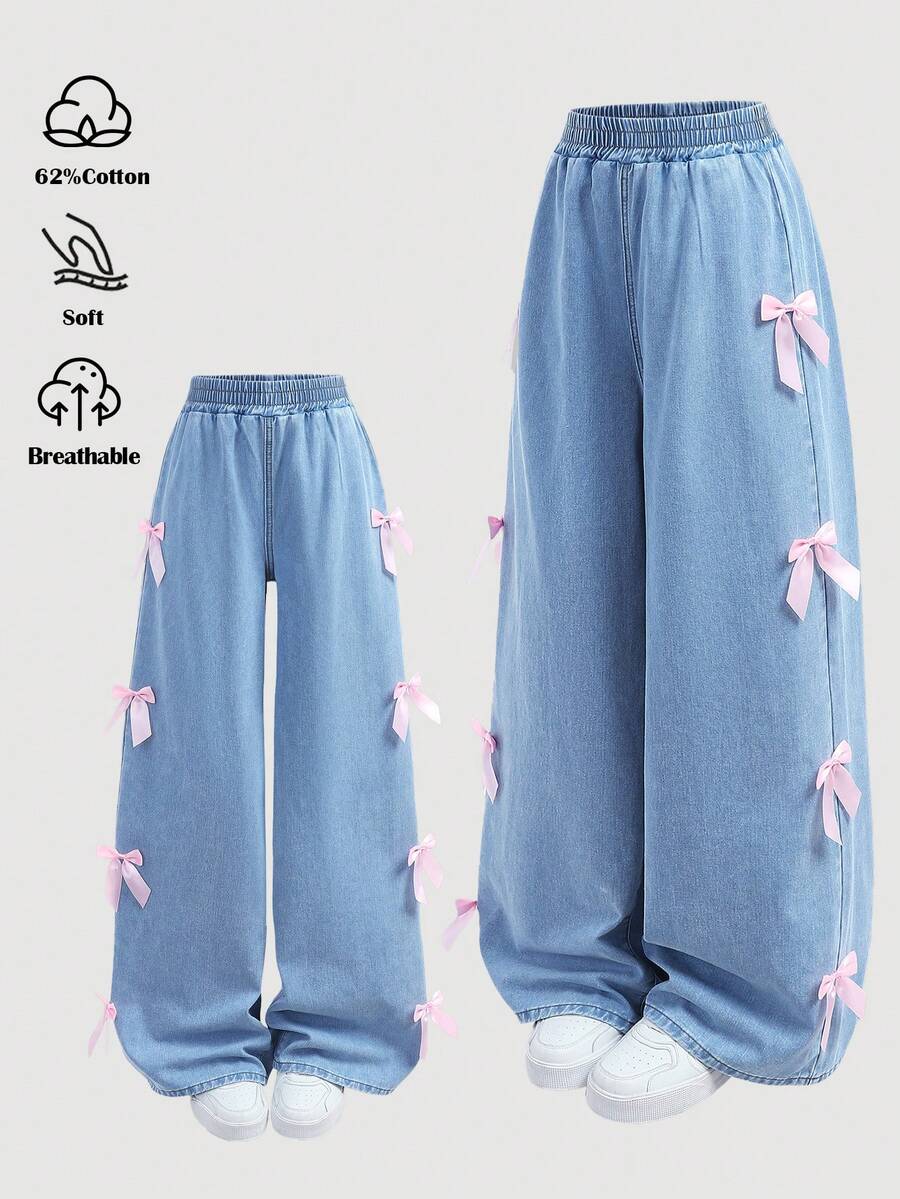 Girlism Quần jean xanh dáng rộng, điểm nhấn nơ hồng cho bé gái tuổi teen, thích hợp mặc đi nghỉ mát mùa xuân hè, phong cách đồng quê boho, quần jean đi biển, phong cách đường phố miền Tây, kỳ nghỉ xuân, quần jean dự lễ hội. - Rửa nhẹ - Xem 1