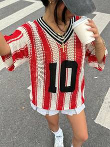 Muchica Women V-Neck Striped Drop Shoulder Casual Knit Top,Summer Clothes Women,Blockette Style - Red and White - View 5