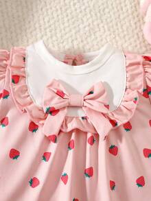 SHEIN Newborn Baby Girl Sweet Strawberry Print White Ruched Collar & Cuff Romper With Matching Bow Headband, Summer Outfit - Pink - View 5