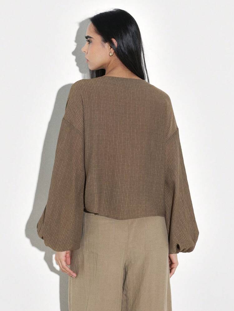 KSTM Relaxed Fit Ribbed Blouse With Tie Front Detail And Long Bishop Sleeves For Fall Winter Casual Wear