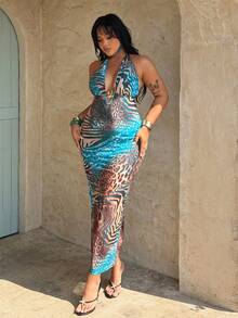 Rustia Plus Size Elegant Deep V Starfish Metal Decor Leopard Rose Mesh Long Dress, Suitable For Spring/Summer Vacation - Multicolor - View 3