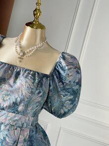 Rometta Blusa casual de vacaciones para mujer de talla grande, elegante y vintage, con estampado minimalista, cuello cuadrado, mangas de pétalo, espalda descubierta, cintura ceñida y bajo plisado - Azul - Ver 5