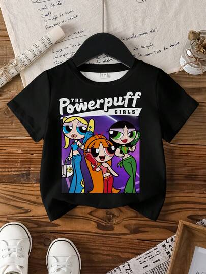 THE POWERPUFF GIRLS X SHEIN 女童圆领卡通字母印花休闲百搭日常短袖T恤