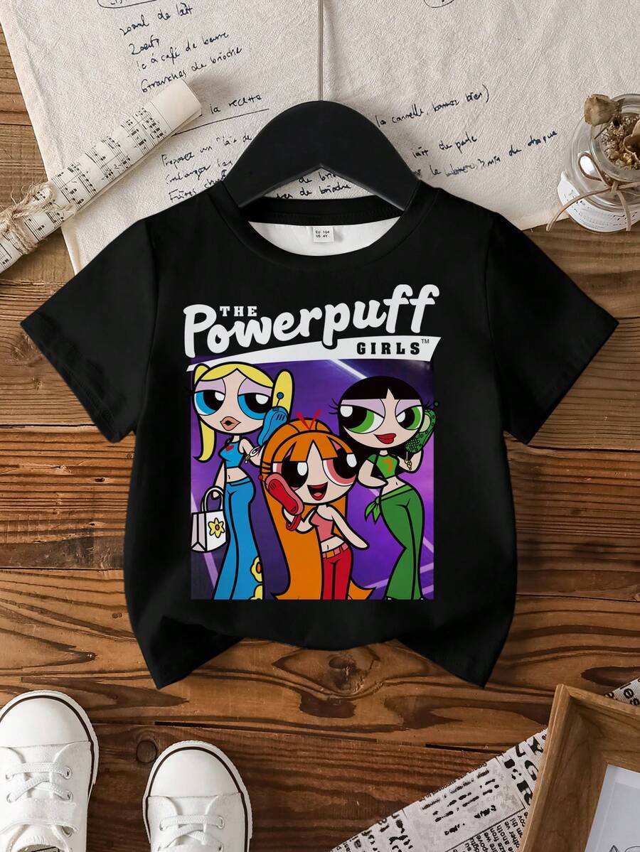 THE POWERPUFF GIRLS X SHEIN Áo thun tay ngắn cổ tròn in chữ hoạt hình dành cho bé gái, kiểu dáng thường ngày, đa năng. - màu đen - Xem 1