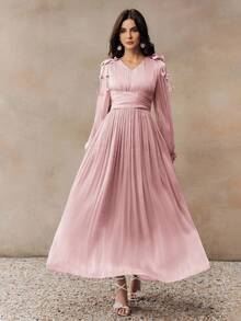 Anewsta 女士长款褶裥腰部闪亮优雅百搭连衣裙，春秋季款。肩部和袖口饰有 3D 立体花朵，点缀水钻，尽显奢华高端品质，适合派对、新年、圣诞节、情人节等场合。 - 粉色 - 查看 3