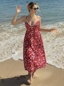 MainGRL Women's Casual Ditsy Floral Spaghetti Strap Mid-Length Dress - Red - View 7