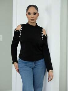 Melissa Matos 女士时尚通勤珍珠装饰露肩T恤 - 黑色 - 查看 3