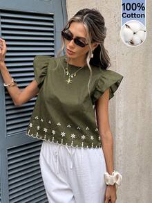 Serisse Áo kiểu nữ tay ngắn thêu họa tiết, thích hợp cho kỳ nghỉ. - xanh quân đội - Xem 7