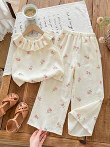 Emery Rose Kids Emery Rose Kids Conjunto de 2 piezas con top con volantes y estampado floral pequeño, y pantalones de ajuste holgado para niña joven - Caqui - Ver 2