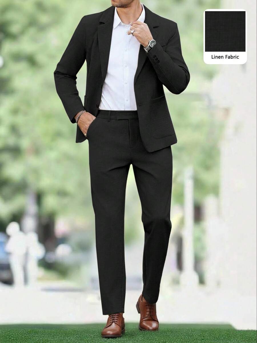 Manfinity Mode 男士简约纯色商务西装套装，外套和裤子，棕色，两件套，适合休闲、周末旅行、户外活动、轻松的工作环境或正式场合，可作为送给男友/丈夫的礼物，周年纪念礼物。 - 黑色 - 查看 1