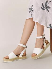 Styleloop Women's Slope Heel Platform Sandals, Summer Open-Toed Thick-Heeled Dress Shoes, Brown Woven Vacation Slippers, Soft-Soled Bohemian Chain Shoes, Commuter Overalls, Slippers, Suitable For Vacation Season, Spring And Summer, Vacation Wear, Travel Essentials - White leather - View 3