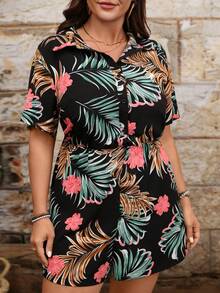 Breezaya Bộ jumpsuit nữ cỡ lớn, kiểu dáng tối giản, màu đen, họa tiết hoa nhiều màu sắc, cài khuy nửa thân. - màu đen - Xem 1