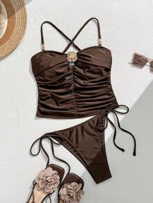 Swim Chiccia Tankini Badeanzug mit Kordelzug an der Seite, brauner Bikini-Set, brauner Badeanzug für Frauen, brauner Zweiteiler für Frauen, geraffter Bikini, Damen Bademode-Set - Braun - Übersicht 2