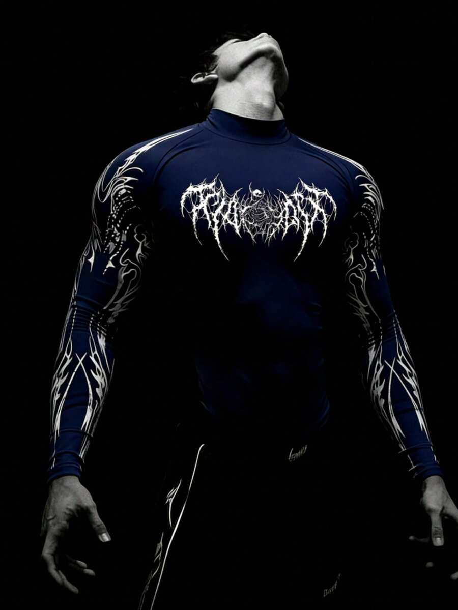 GymBeat Men's Casual Printed Stand Collar Long Sleeve T-Shirt - Navy Blue - View 1