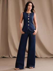 Anewsta 女士优雅浪漫派对度假蓝色直筒牛仔裤，春夏款 - 藍色 - 查看 4