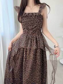 FRIFUL Women's Elegant Summer Long Dress,Brown Checkered Leopard Print Mesh Fabric Decor Frill Trim Cap Sleeve Sweet Layered Boho Sun Vacation Outfits - Brown - View 4