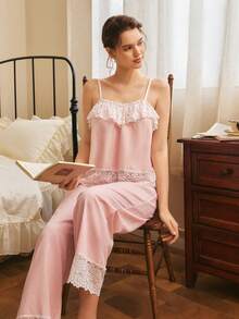 Côtesoire French Elegant Contrast Color Lace Ruffle Trim Comfortable Loose Camisole Pajama Set For Women - Pink - View 6