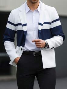 Manfinity Mode 男士撞色单排扣休闲百搭通勤西装外套，搭配海军蓝白条纹衬衫，男士休闲衬衫，蓝白套装，男士商务休闲衬衫，男士撞色衬衫，适合日常休闲、周末旅行、户外活动、探险旅行、轻松的工作环境或半正式场合，可作为男友/丈夫礼物、周年纪念/生日礼物、派对、暑假、婚礼、春夏等场合穿着。 - 白色 - 查看 3