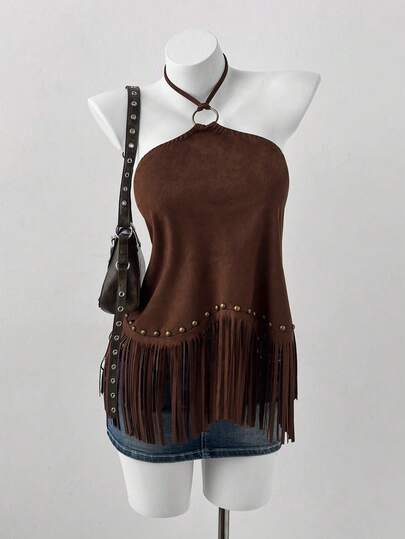 Sunspun 大码女式纯色铆钉装饰流苏系领性感百搭休闲上衣