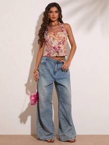 SHEIN BAE 女款優雅夏季花卉串珠拼接掛脖上衣，適合度假、音樂節、Y2K魅力約會、生日派對上衣 - 彩色 - 查看 4