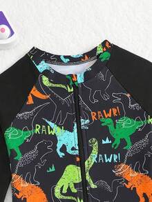 Fantacosmos 男童卡通恐龙印花插肩袖拉链连体泳衣短裤 - 黑色 - 查看 5