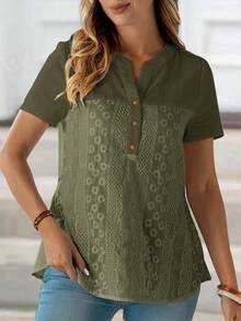 EMERY ROSE 女士夏季棉质刺绣V领短袖衬衫 春季女装 - 軍綠色 - 查看 5