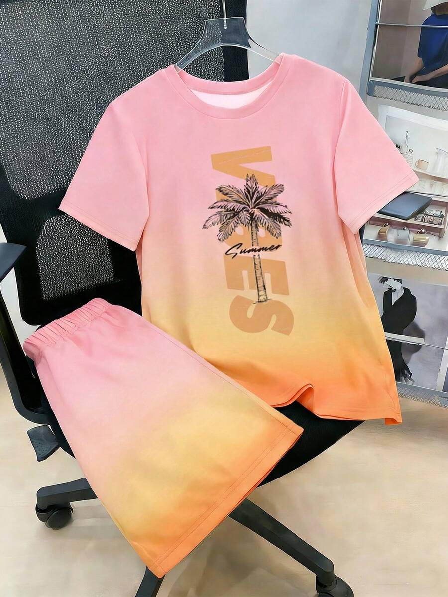 Teenage Boys' Palm Tree Print T-Shirt & Matching Shorts Set, Tropical Vibe, Casual Everyday Outdoor Sports Outfit, Spring/Summer - Multicolor - View 1
