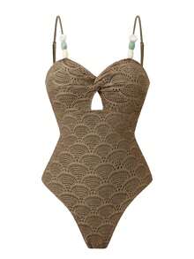 Swim Oasis Bộ đồ bơi nữ cao cấp kiểu dáng tối giản thanh lịch, chất liệu vải dệt họa tiết khoét rỗng, phối màu tương phản, đính hạt cườm, thuộc dòng 26SS, thích hợp cho các bữa tiệc bãi biển hoặc nghỉ dưỡng. - màu nâu - Xem 4
