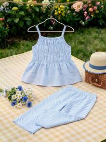 Souflis Souflis 法式新款女童浅蓝色可爱甜美条纹吊带背心搭配飘逸阔腿裤套装，适合外出和休闲穿着 - 淺藍色 - 查看 2