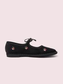 CUCCOO DOLLMOD Sepatu Wanita Klasik Hitam Bordir Bunga Beludru Pita Sepatu Flat Mary Jane Sepatu Musim Semi - Hitam - View 10