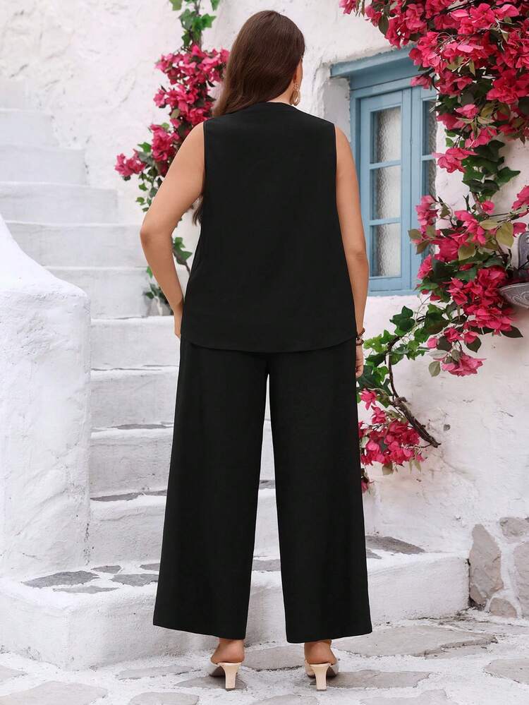Women's Plus Size Casual Solid Color Tank Top & Pants Set,Summer Outfits For Women
