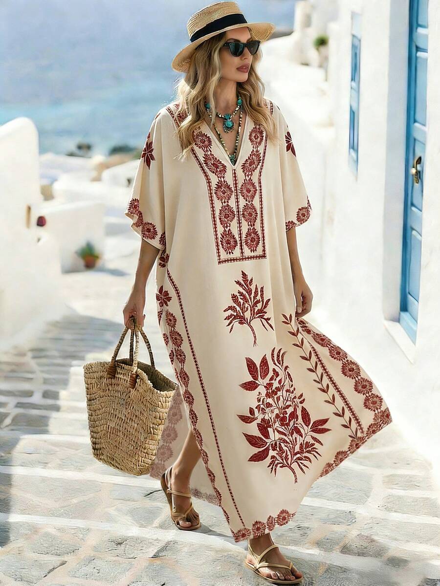SHEIN Holidaya Đầm nữ dáng rộng, cổ chữ V sâu, tay cánh dơi, thích hợp cho kỳ nghỉ, phong cách thường ngày. - Màu be - Xem 1