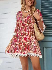SHEIN LUNE Women's Casual Vacation Bohemian Printed V-Neck Petal Sleeve Patchwork Ruffle Hem Short Dress, Spring/Summer - Red - View 7