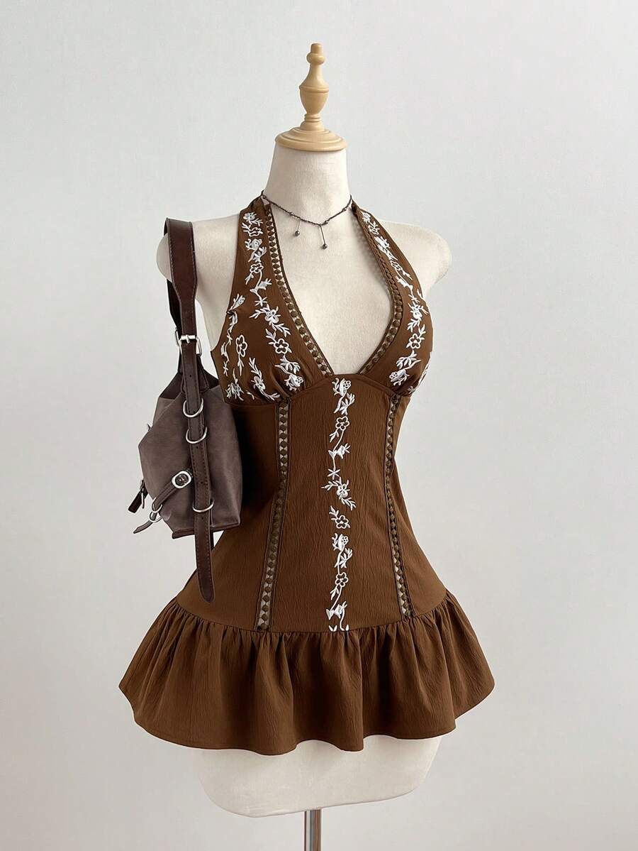 Elamini Women's Summer Beach Vacation Floral Embroidery Knot Halter Ruffle Hem Dress - Brown - View 1