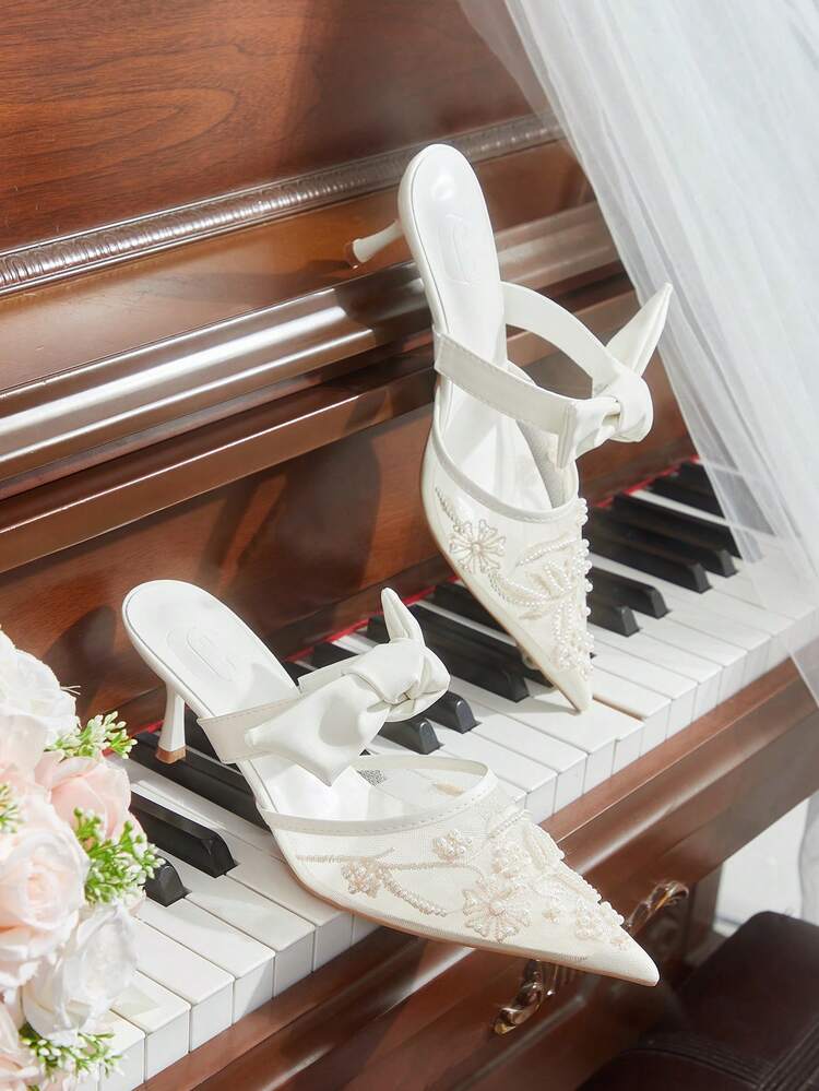 CUCCOO HITCHD Women Shoes Summer And Summer New Pearl Embroidery Bow Pointed Thin Heel Slip-On Middle Heel 6.5cm Women's High Heel Shoes Elegant Mesh Solid Color Fairy Style Bridal Dating Shoes Summer Shoes Wedding Shoes Bride Shoes