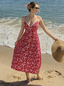 MainGRL Women's Casual Ditsy Floral Spaghetti Strap Mid-Length Dress - Red - View 4