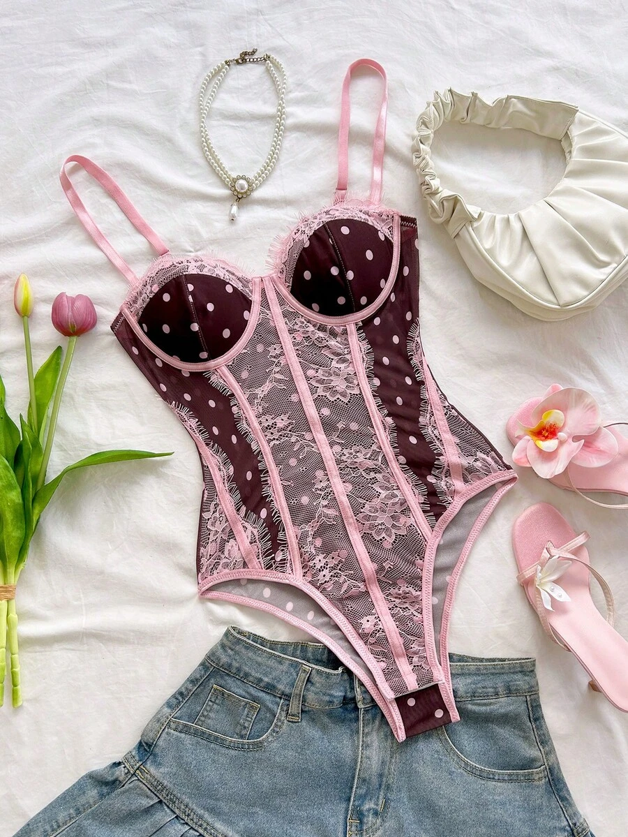 Soleia 豹纹抹胸蕾丝边吊带背心，性感度假、派对、约会、情人节、下午茶穿着 - 棕色 - 查看 1