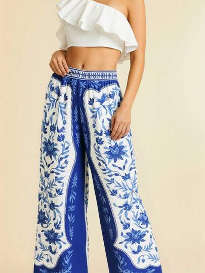 CAJUNI 印花阔腿休闲度假裤