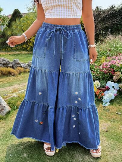 Flexra Pantalones vaqueros de pierna ancha con bordado floral, de ajuste holgado y casual para mujer de talla grande, para primavera/verano