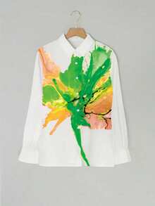 EMERY ROSE 女士休闲水墨印花宽松落肩长袖衬衫，适合春秋季、度假和日常通勤。 - 白色 - 查看 3