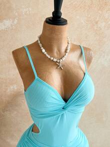 Soleia Đầm nữ lãng mạn, gợi cảm, dây mảnh, cổ chữ V xoắn, khoét eo, xếp ly, vạt bất đối xứng, thích hợp cho bãi biển, bờ biển, gợi cảm, hẹn hò, kỳ nghỉ biển, lễ hội, tiệc trà chiều, mùa cưới. - Màu xanh lam - Xem 3