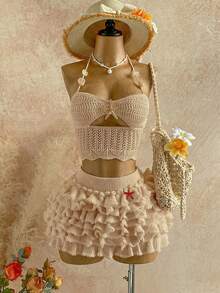 Soleia Women's Spring/Summer Vacation Knit Halter Neck Tie Camisole Top And Multi-Layer Ruffle Mini Skirt 2-Piece Set, Suitable For Beach, Seaside, Sexy, Dating - Apricot - View 6