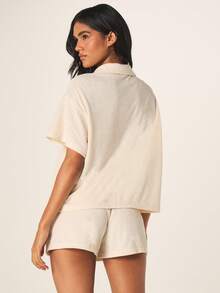 MISSGUIDED 女士毛巾套装，宽松Polo衫和休闲短裤两件套家居服，休闲夏季装扮 - 白色 - 查看 2